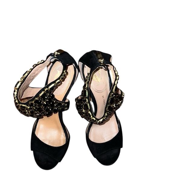 Vince Camuto Signature Elegant Black Suede and Gold Women's Sandals 8 M - Picture 1 of 5